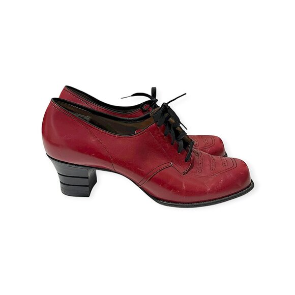 Vintage 1940s Red Leather Oxford Heels Arch-Heel Cushioned Insole 7.5 - Picture 4 of 15